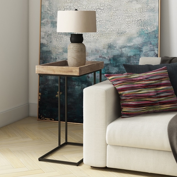WYNDENHALL Matty SOLID MANGO WOOD and Metal 18 inch Wide Rectangle Industrial C Side Table in Natural, Fully Assembled