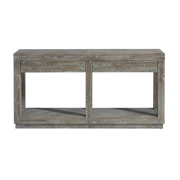 Two Drawer and Bottom Shelf Console Table with Flattened Base, Rustic Latte Gray