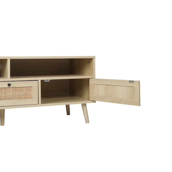 Rattan TV Stand with Solid Wood Feet, TV Console Table for Living Room, Natural