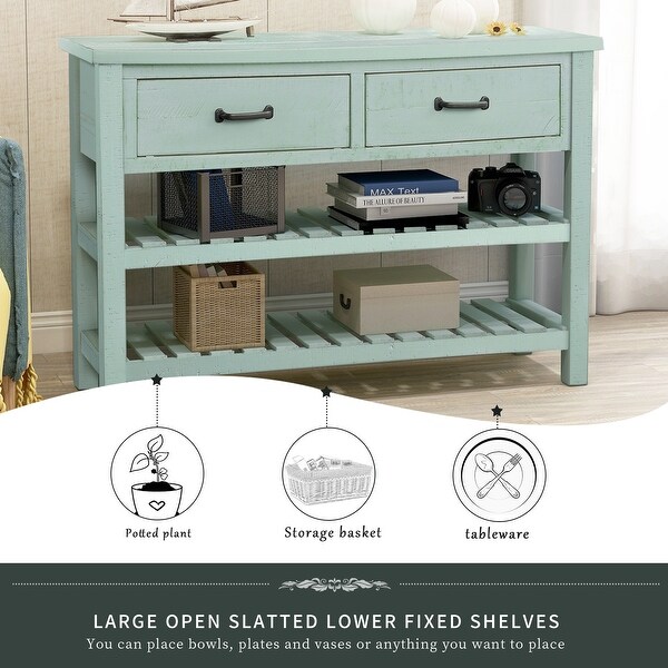 Retro Console Table Sideboard Cabinet for Entryway with 2 Drawers and 2 Slatted Bottom Shelves, Antique White