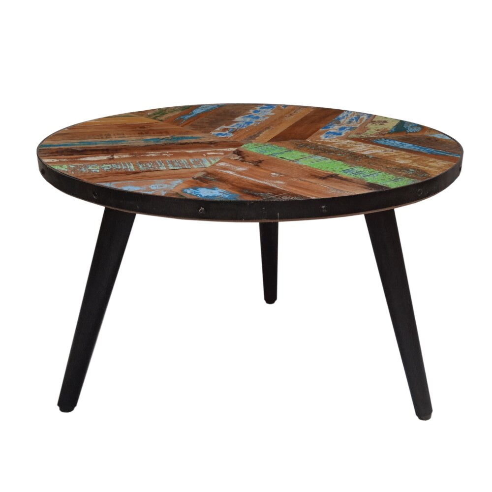 17 Inch Industrial Side Table, Reclaimed Wood, Round Multi Tone Top, Iron Trim, Brown, Black - 22 L x 22 W x 16.5 H Inches