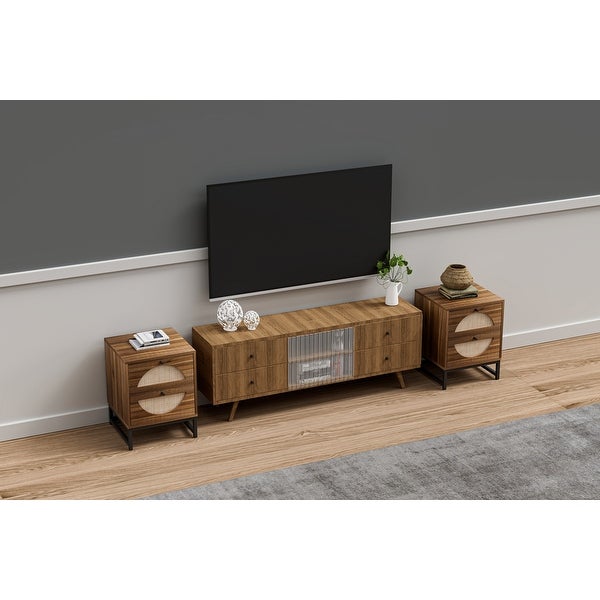 Rattan Nightstand Set of 2, Walnut End Table with 2 Natural Rattan Drawer and Metal Legs