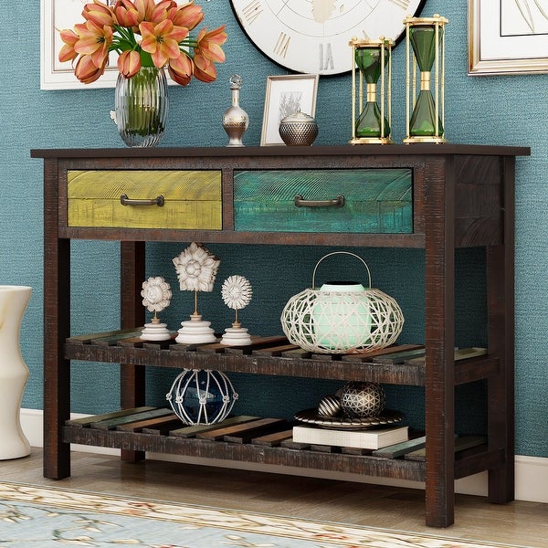 Retro Simplicity Console Table with 2 Drawers and 2 Open Shelfs, Entryway Table with Distressed Finish for Entryway Living Room