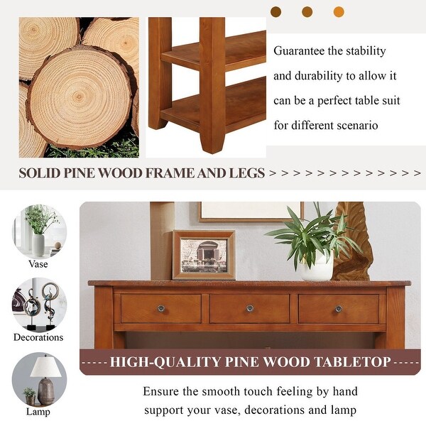 48'' Solid Pine Wood Top Console Table, Modern Entryway 3-drawer Sofa Side Table