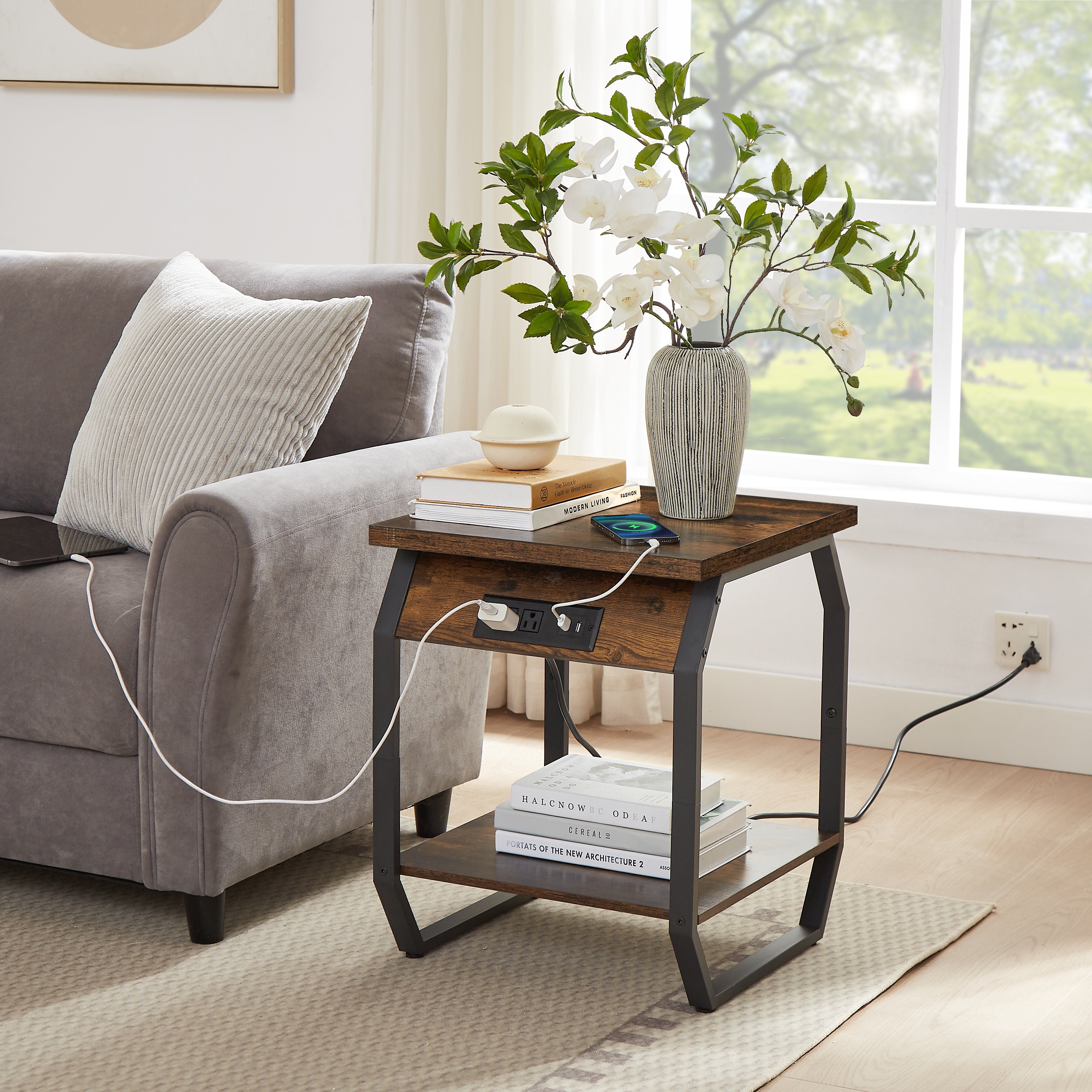 Set of 2 Side Tables with Charging Station, End Tables with USB Ports and Sockets, Bedside Tables for Living Room, Bedroom