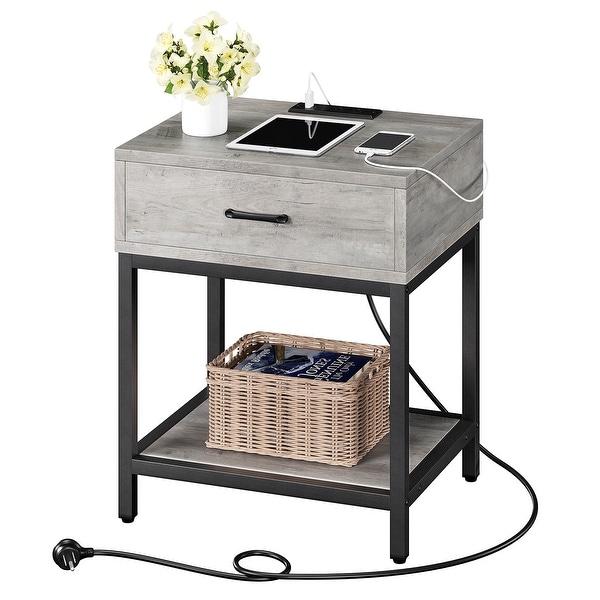 Nightstand-Bedside Table with Charging Station Type-CandUSB Ports, Modern End Table