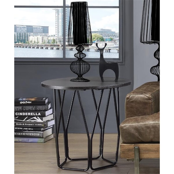 Sofa Table, Drum Shape Side Table with Wooden Top and Metal Frame