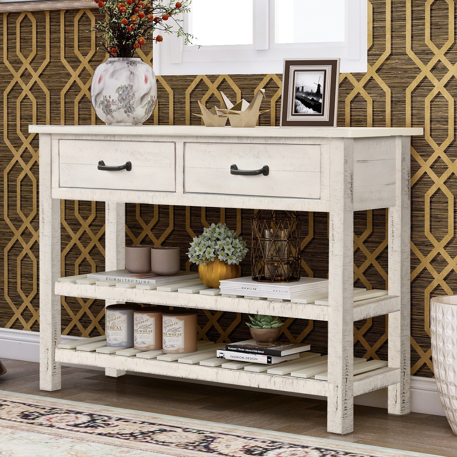 Retro Console Table Sideboard Cabinet for Entryway with 2 Drawers and 2 Slatted Bottom Shelves, Antique White