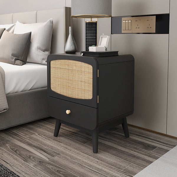 Black Nightstand, Bedside Table with Storage Drawe Rattan Door