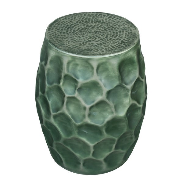 Jed 20 Inch Handcrafted Industrial Round Side Table, Aluminum, Hammered Texture, Antique Burnt Green