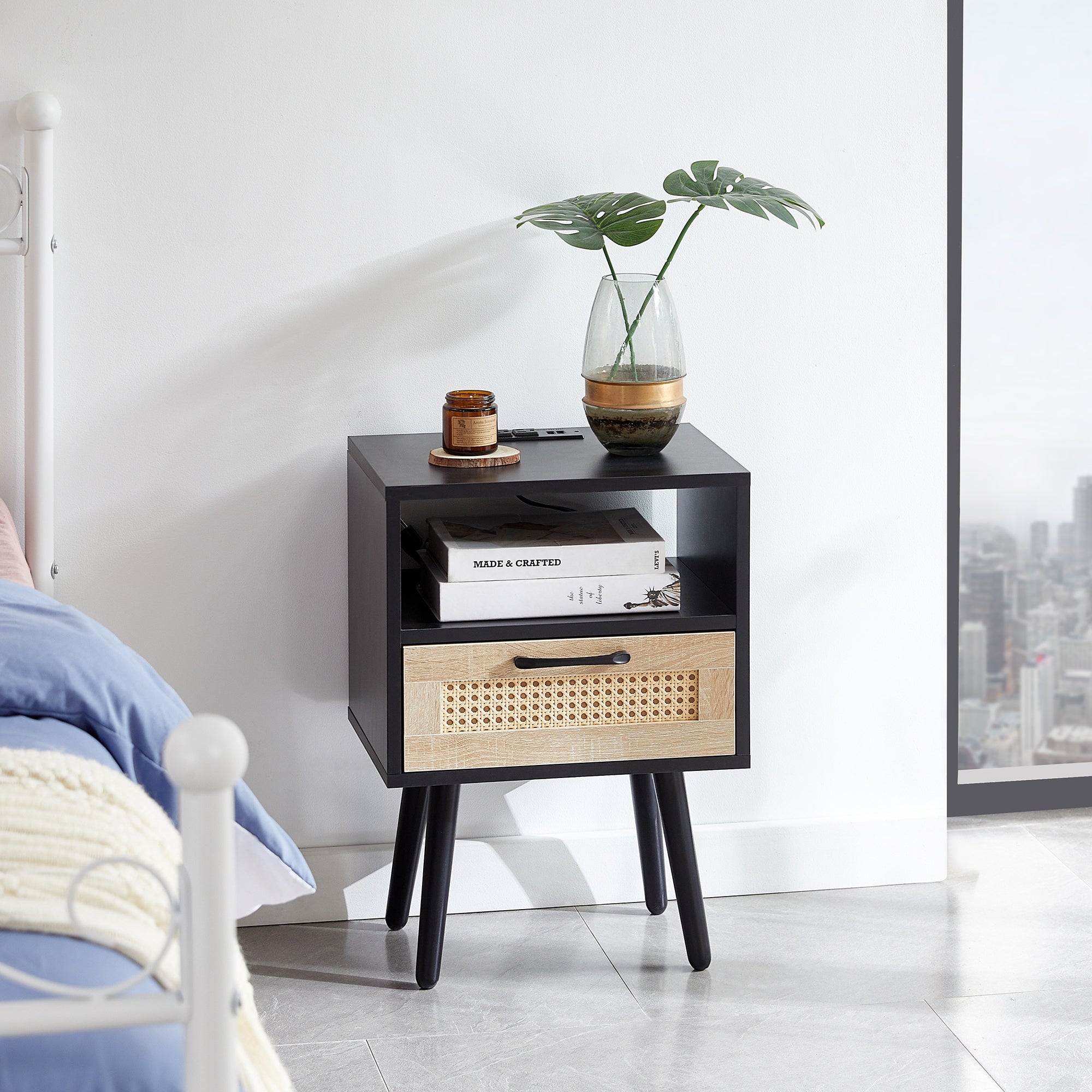 Modern Side table with Drawer and Solid Wood Legs,Rattan Nightstand with Power Outlet and USB Ports