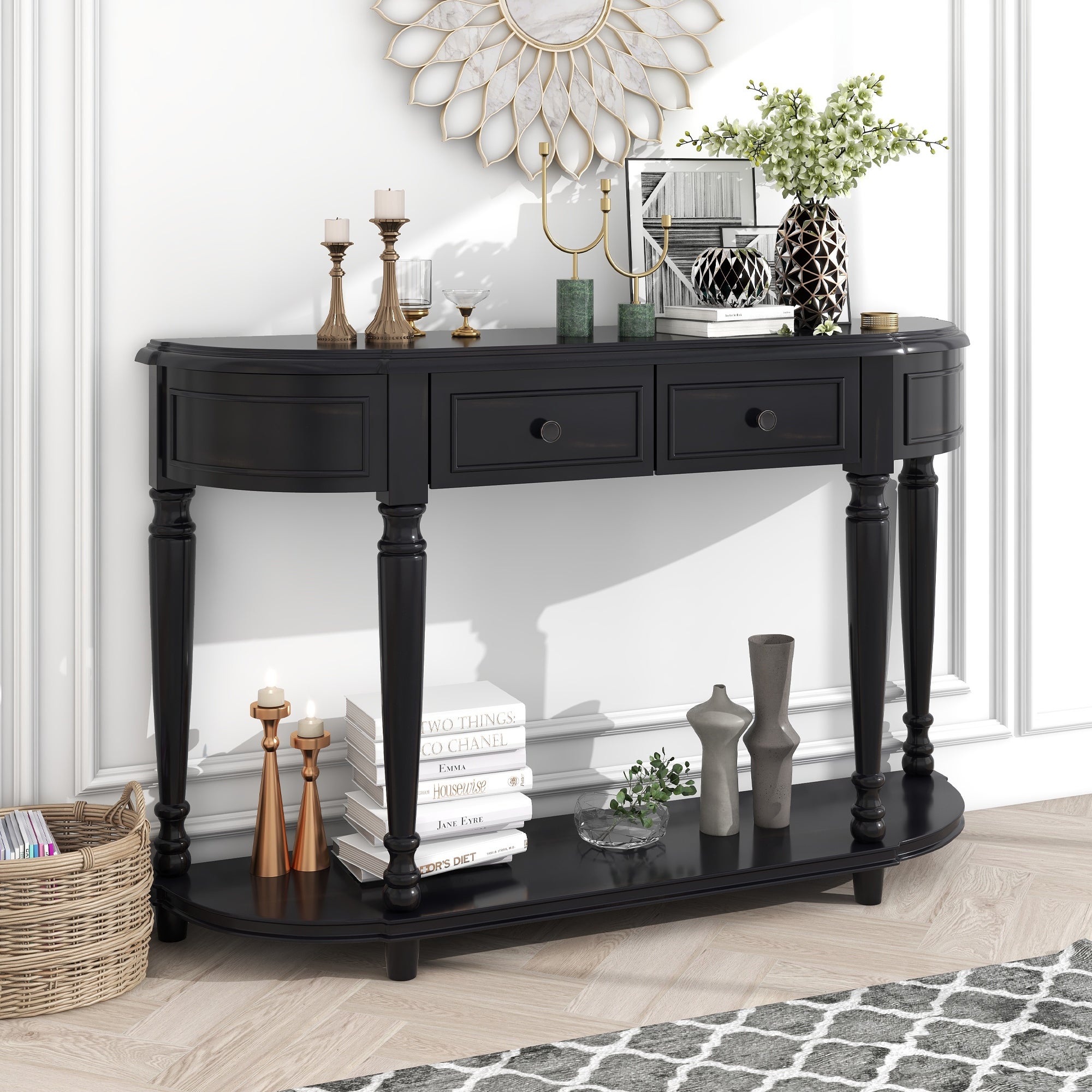 Retro Romanesque Style Curved Design Solid Wood Console Table, Entryway Table with 2 Top Drawers and Open Shelf for Living Room
