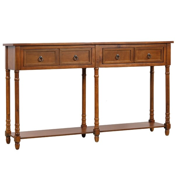 Rectangular Console Table Sofa Table with Drawers and Long Shelf, Walnut