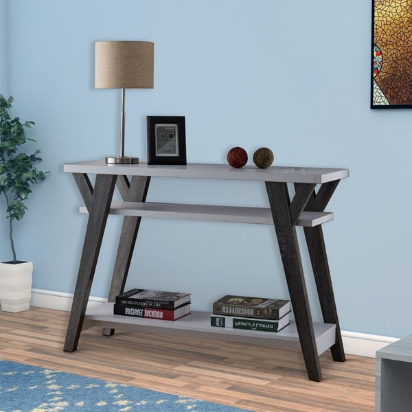 Wooden Console Table with 2 Lower Shelves, White and Distressed Gray