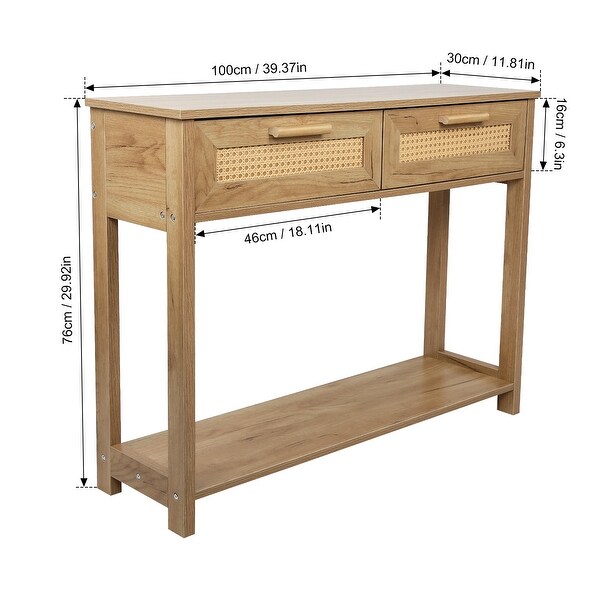 Wooden Console Table with 2 Drawers and Open Bottom Shelf,Natural