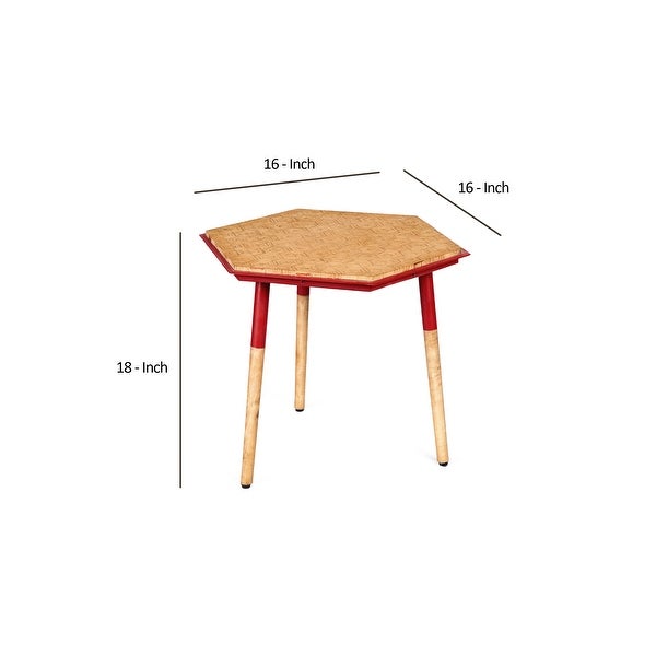 Paige 18 Inch Hexagon Illusion Wood Side Table, Brown, Red