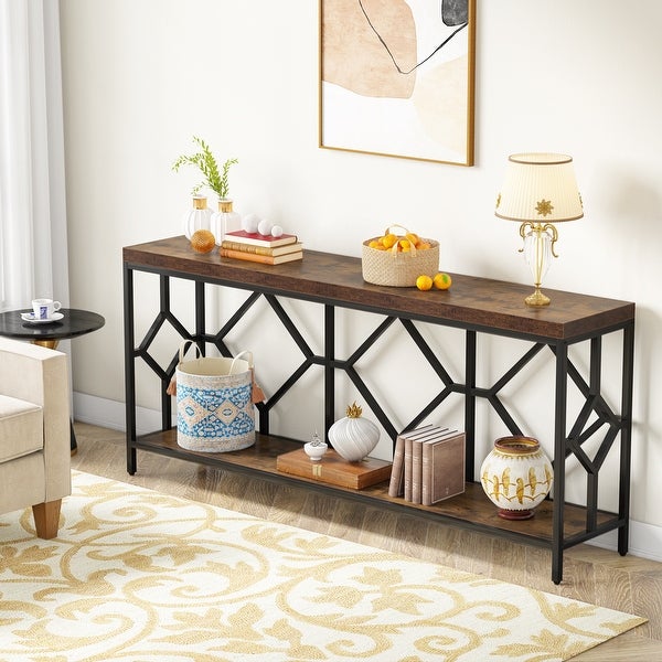 71 Inch Extra Long Console Table, Industrial Narrow Sofa Table Entry Table Behind Couch Table with Open Storage Shelf