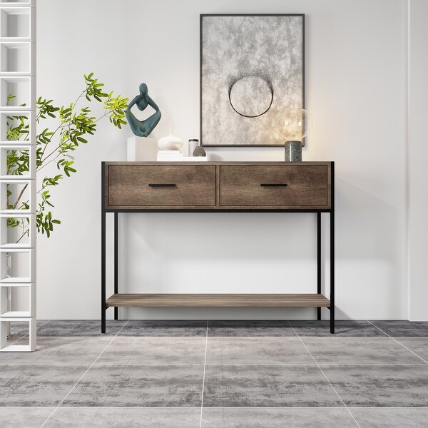 Classic Console Table with Two Top Drawers and Open Shelf, Vintage Storage with Sturdy Metal Frame.