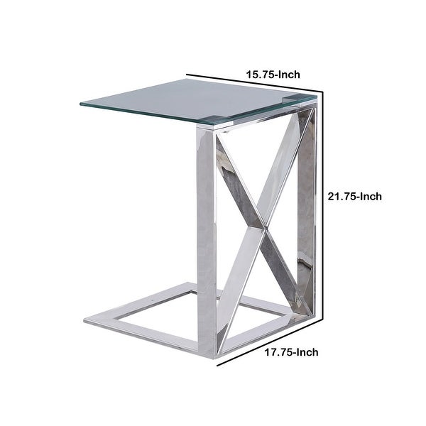 22 Inch Metal X Frame Glass Top Side Table, Silver