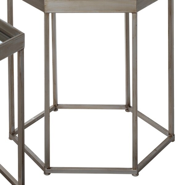 Side Table with Mirror Top and Metal Frame, Set of 2, Gray