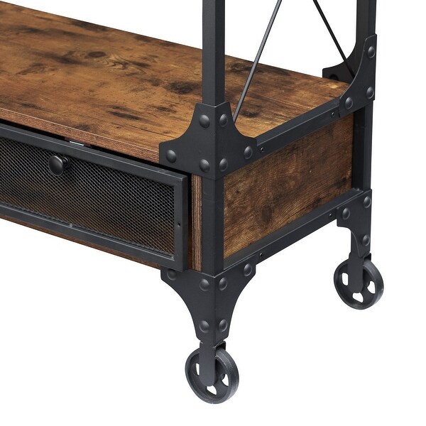 Industrial Console Table with Drawer and Storage Shelf, 4-Foot Wheels, Brown