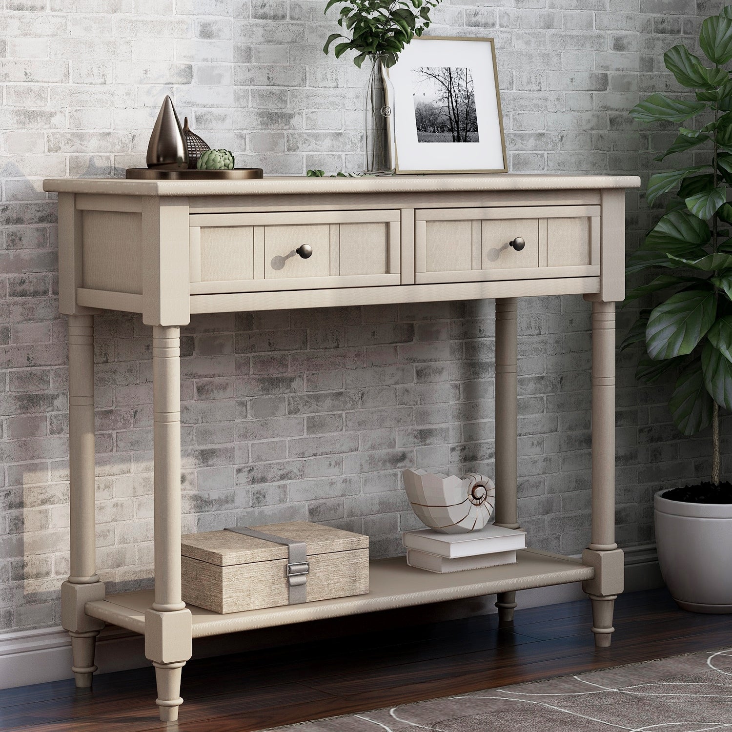 Console Table with 2 Drawers and Bottom Shelf Acacia Mangiu, Retro Grey