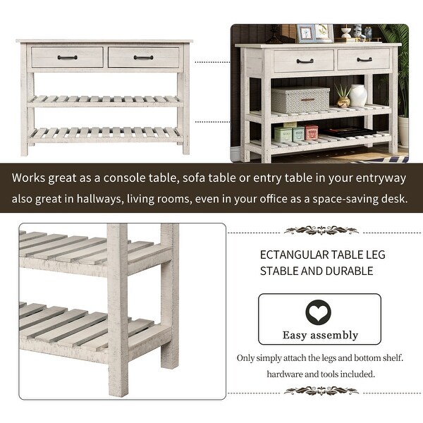 Retro Console Table Sideboard Cabinet for Entryway with 2 Drawers and 2 Slatted Bottom Shelves, Antique White