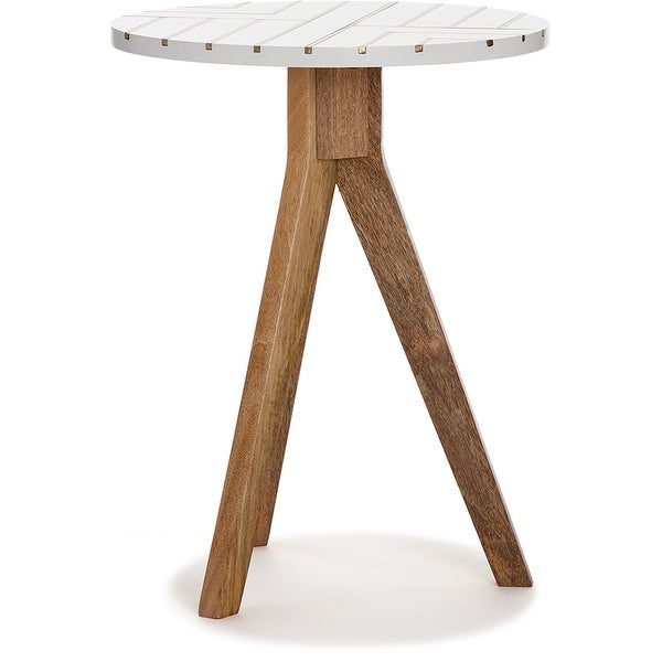 Adore Decor Amari Round Side Table, Brass Inlay Top with Solid Wood Legs, Living Room Accent Furniture, Fully Assembled, White