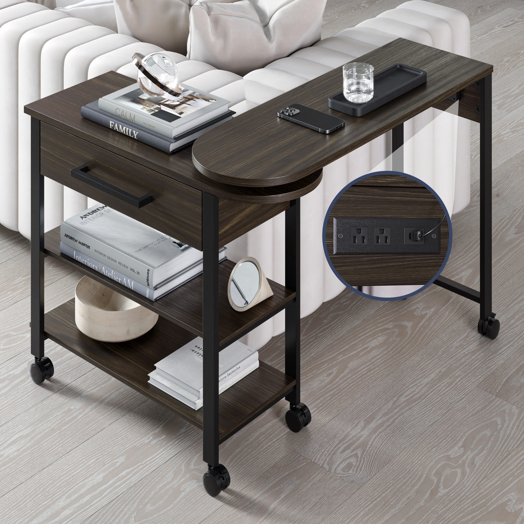 BELLEZE Margo Rotating Desk w/ Charge Station, Shelves, Drawer