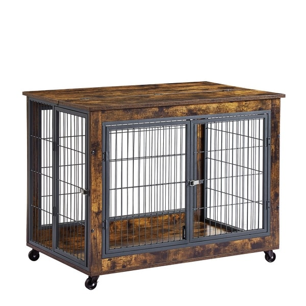 Industrial Wooden Iron Dog Crate, Dog Kennels with 3 Doors and Wheels, Pet Crate Side End Table for Medium and Small Dog