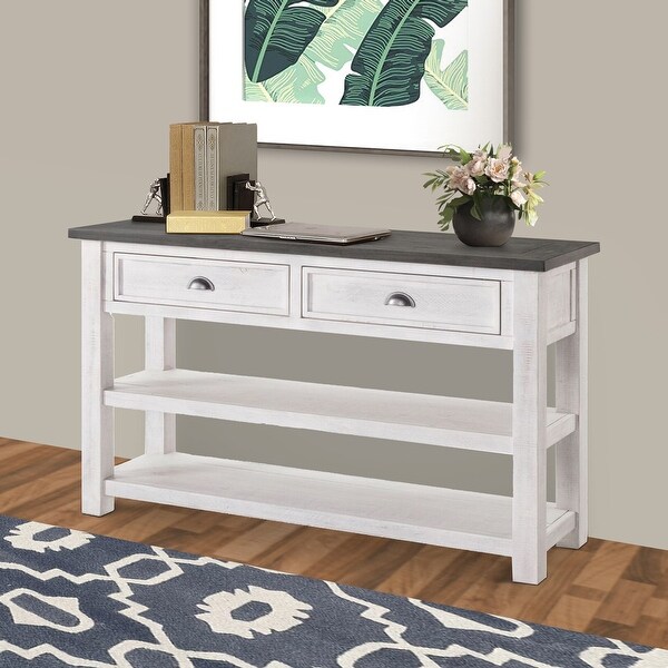 Coastal Rectangular Wooden Console Table with 2 Drawers, White and Gray