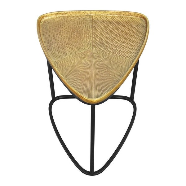 19 Inch Aluminum Side End Table, Iron Frame, Guitar Pick Shaped Top, Antique Brass, Black - 18.6 H x 14.7 W x 15.6 L I