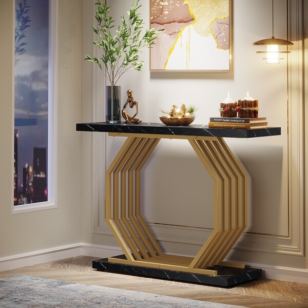 40 Inch Modern Gold Console Table, Faux Marble Entryway Table for Living Room