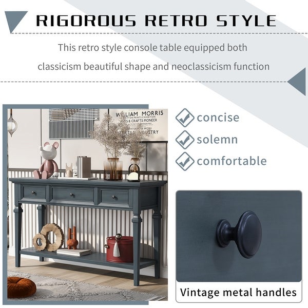 Classic American Retro Style Console Table with 3 Top Drawers and Open Style Bottom Shelf, Solid Wood Sofa Table for LivingRoom