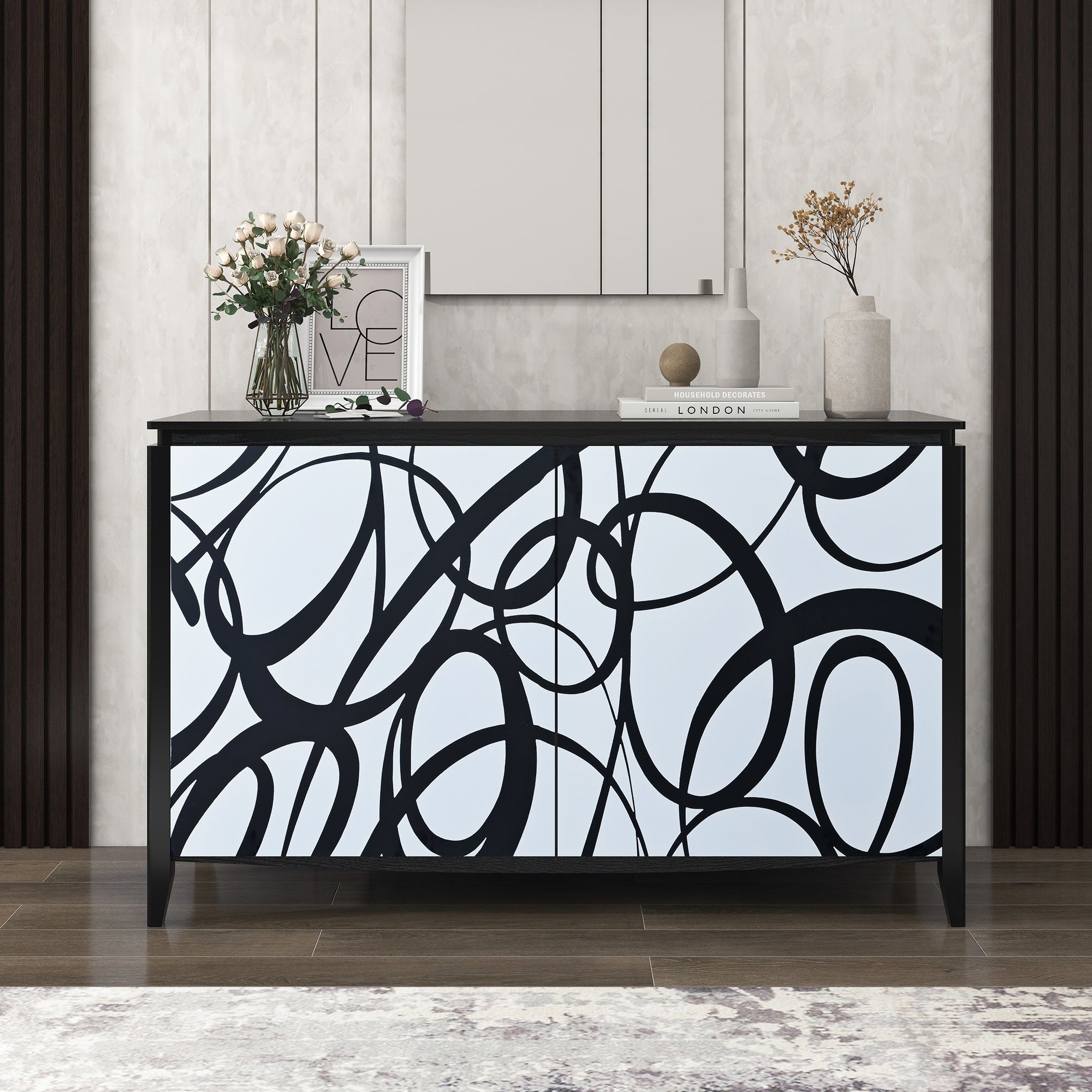 Sideboard with 2 Decorative Doors and Superb Spray Painting, Entryway Table with 2 Drawers and 4 shelves for Living room, Entryway