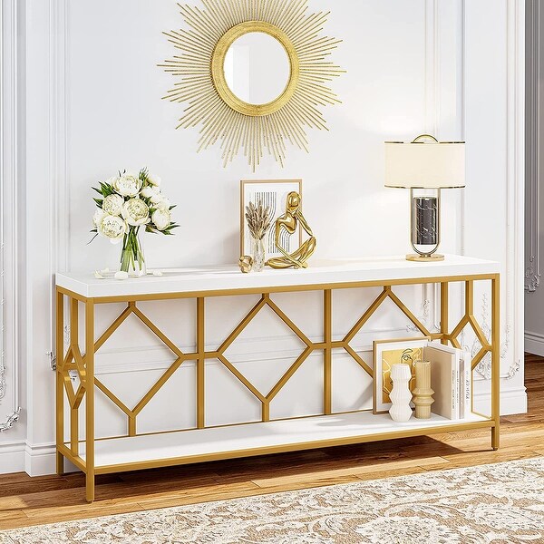 71 Inch Extra Long Console Table, Industrial Narrow Sofa Table Entry Table Behind Couch Table with Open Storage Shelf
