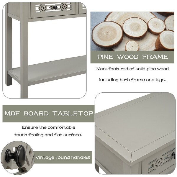 Classic Wooden Console Table with 2 Top Drawers and Open Storage Shelf, Sofa Table with Hollow-out Decoration, Silver