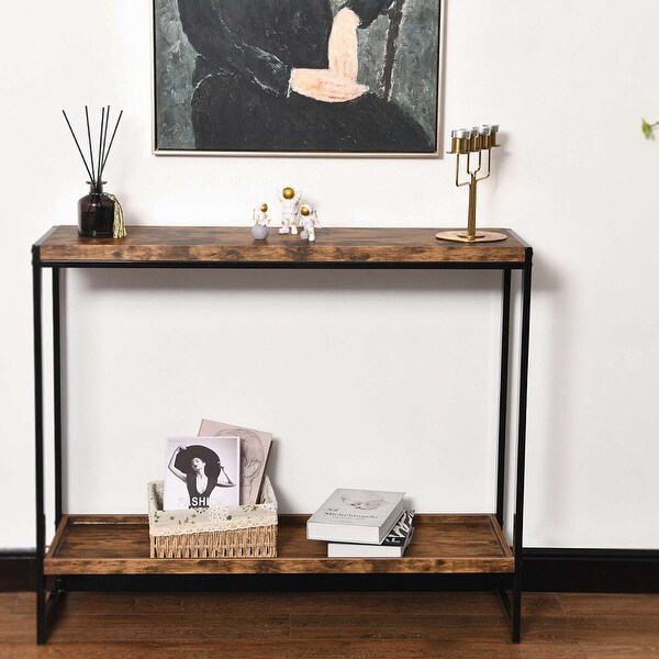 Rustic 2-tier Console Table Side Table with Metal Frame, Brown and Black