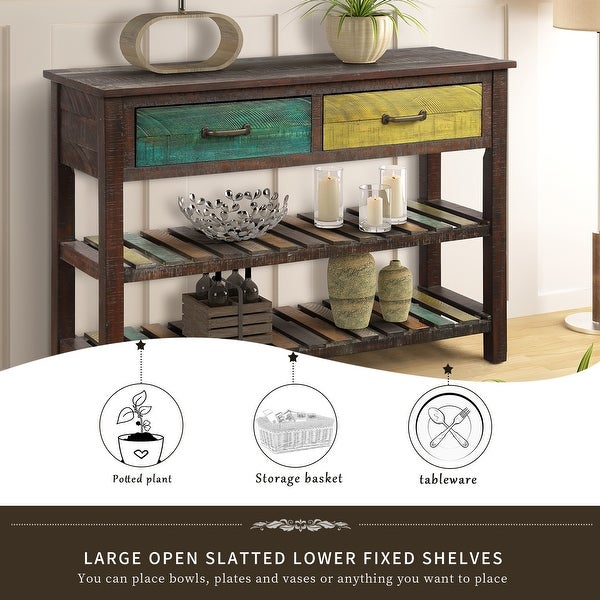 Retro Simplicity Console Table with 2 Drawers and 2 Open Shelfs, Entryway Table with Distressed Finish for Entryway Living Room