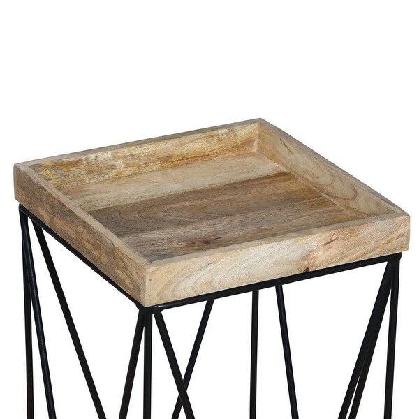 24 Inch Industrial End Side Table, Mango Wood Square Tray Top, V Shape Iron Accent, Brown, Black - 24