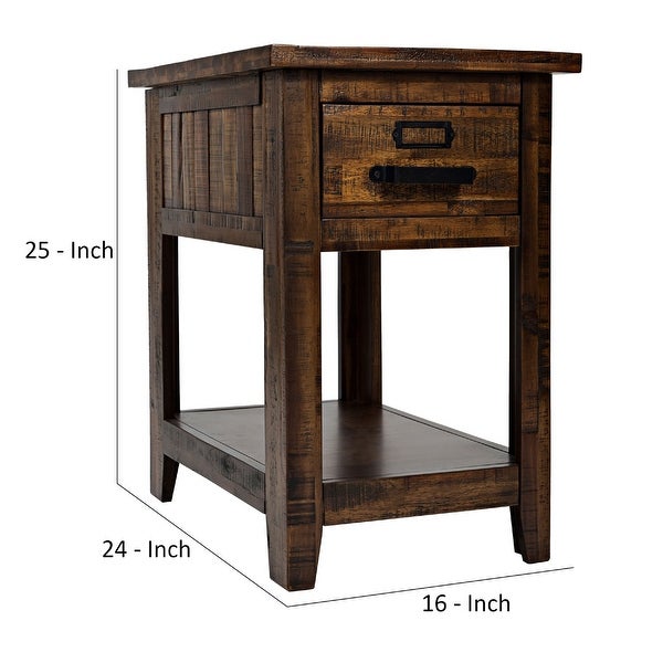 Side Table with 1 Drawer and Plank Style, Rustic Brown
