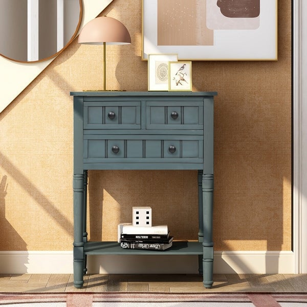 Narrow Console Table with 3 Storage Drawers and Black Round Deco Knobs, Slim Sofa Table with Bottom Shelf, Navy