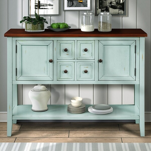 Wooden Console Table with 4 Storage Drawers and 2 Cabinets, Sofa Table with Bottom Shelf and Solid Wood Legs, Retro Blue