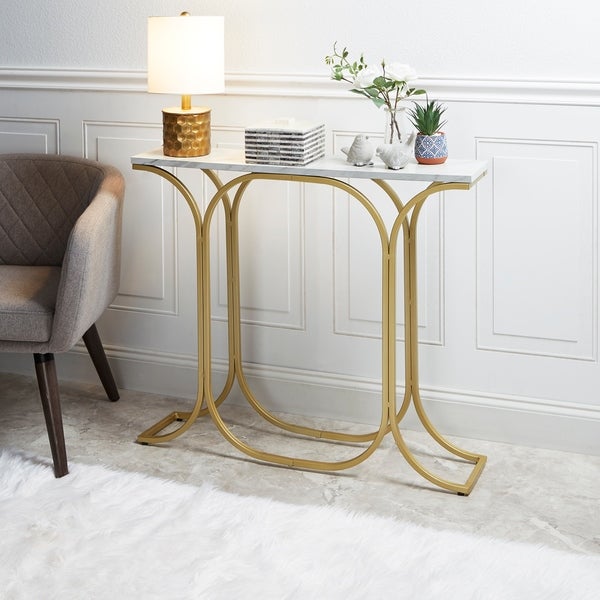 Suzanne Slim Metal Console Table with Faux Marble Top, Gold Finish
