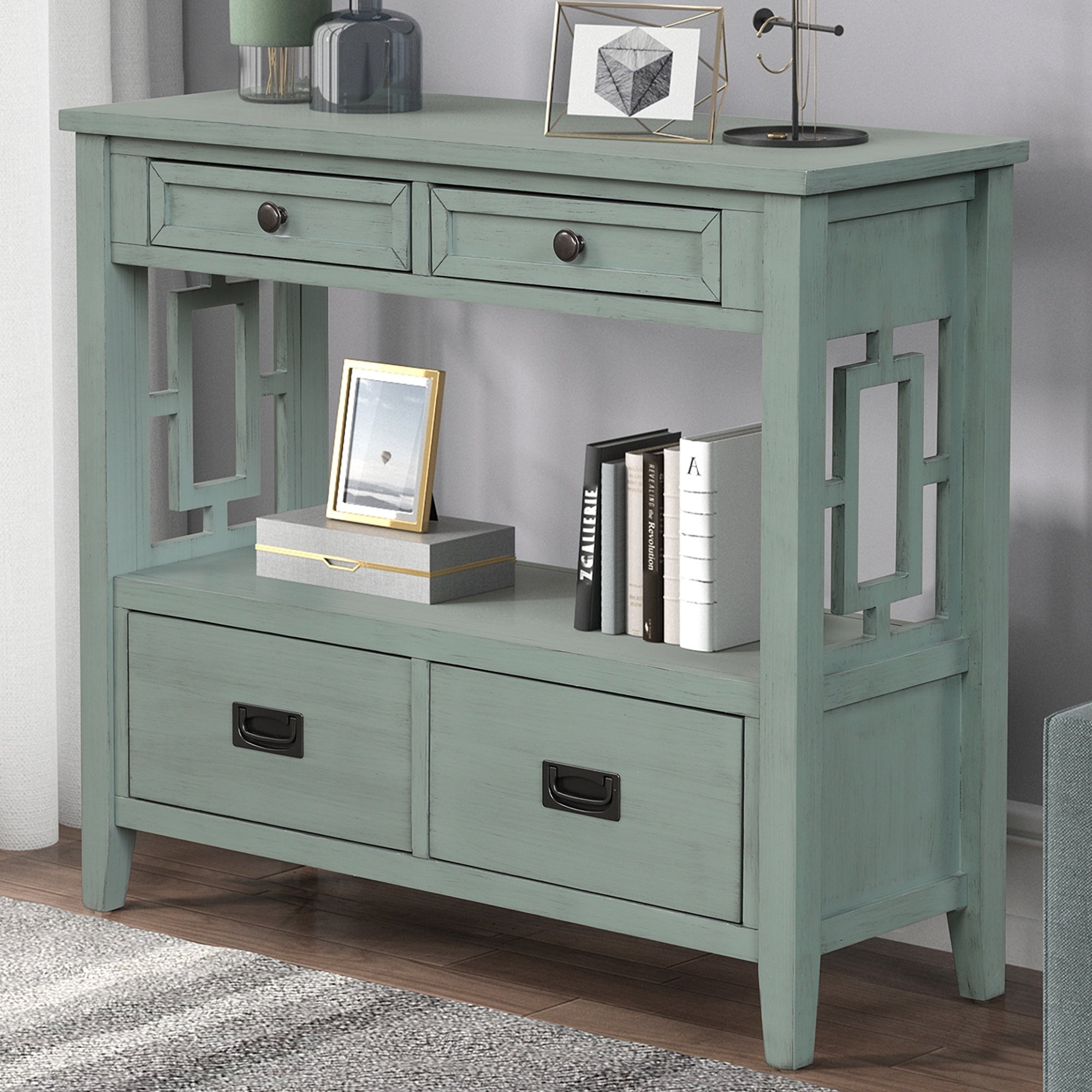 38'' Farmhouse Pine Wood Console Table with 4 Drawers and 1 Open Storage Shelf, Sofa Table for Entryway, Living Room, Bedroom