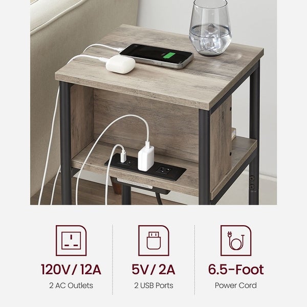 Side Table with Charging Station, 3-Tier End Table with USB Ports and Outlets, Nightstand for Living Room, Bedroom