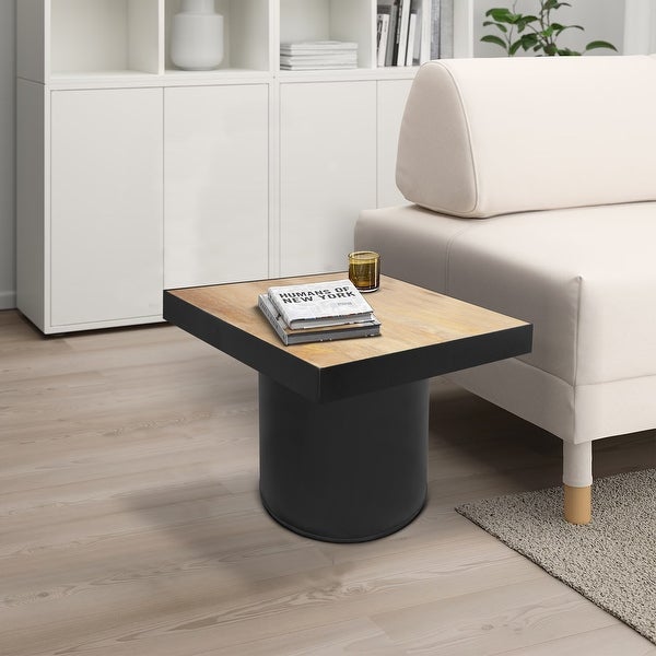 21 Inch Wooden Side Table with Block Metal Base, Brown and Black