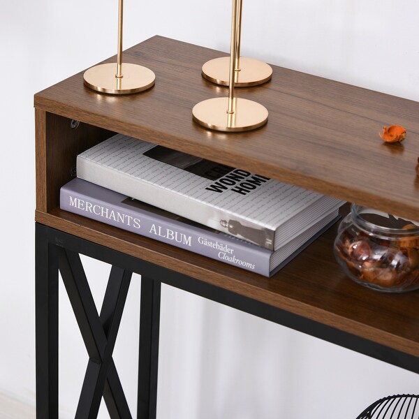 HOMCOM Industrial Style Entryway Console Table Desk with Shelf for Living Room, or Bedroom, Walnut Wood Grain