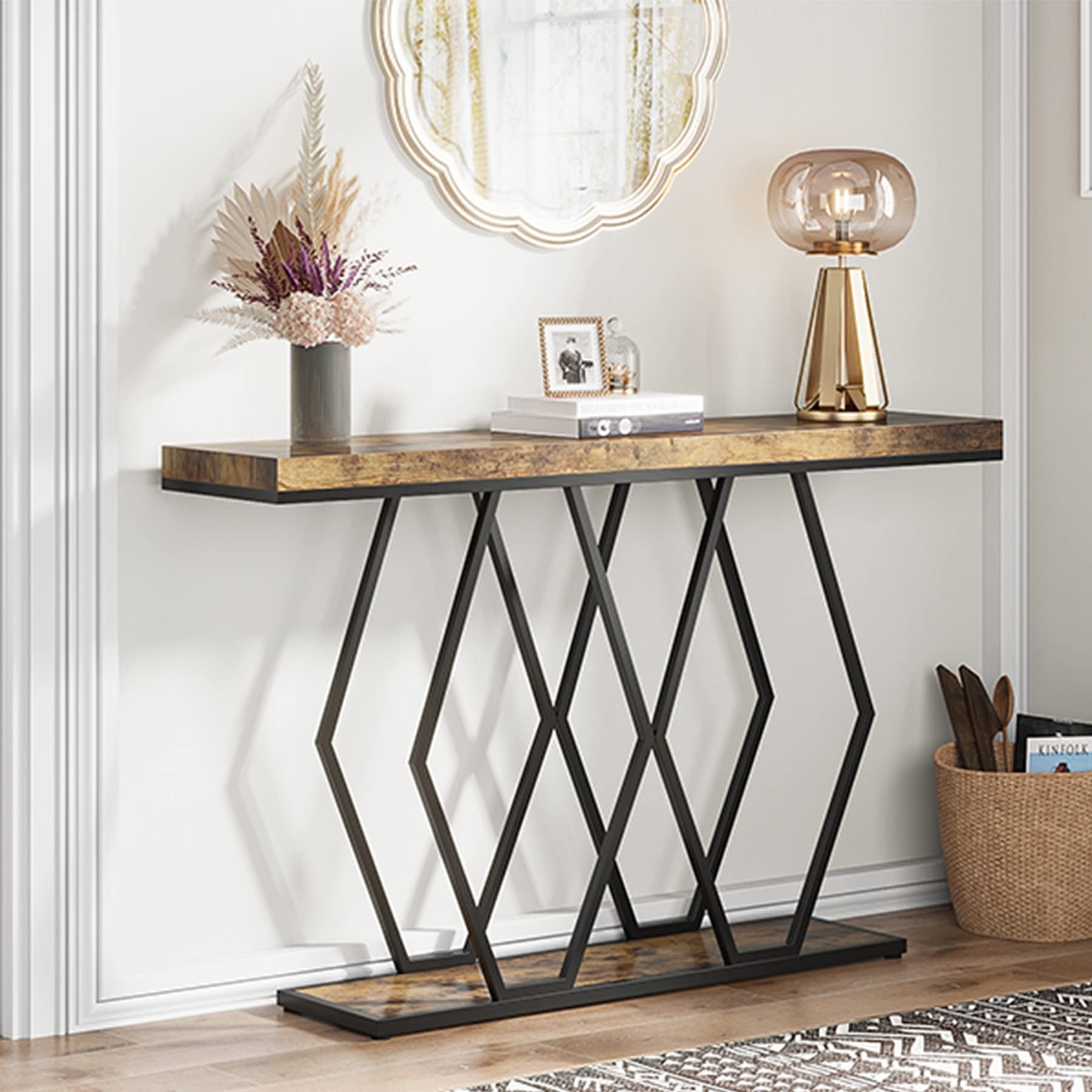 55 Inch Gold Console Table, Modern Entryway Sofa Table with Fuax Marble Finish
