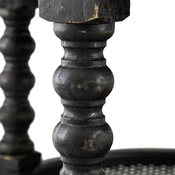 Jake 25 Inch 3 Tier Side Table, Fir Wood, 2 Woven Wicker Shelves, Black